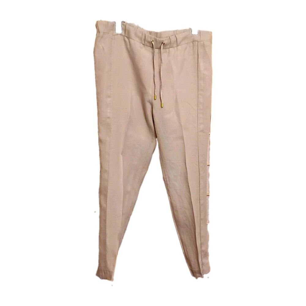 Ellen Tracy Women's Beige 100% Linen Drawstring Straight Leg Pants Size Small